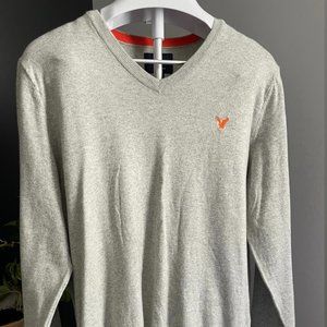 American Eagle Outfitters Classic Fit V-Neck Sweater grey knit with orange logo